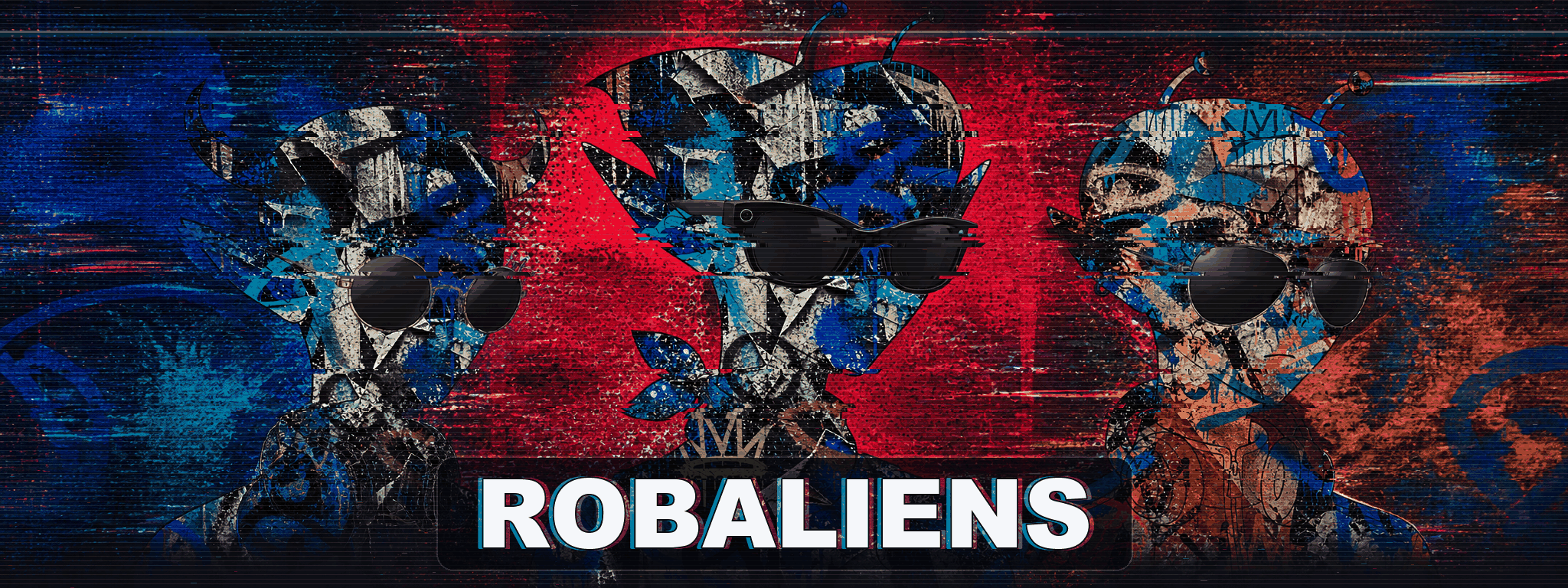 Three animated ROBALIENS with graffiti patterns and dark glasses